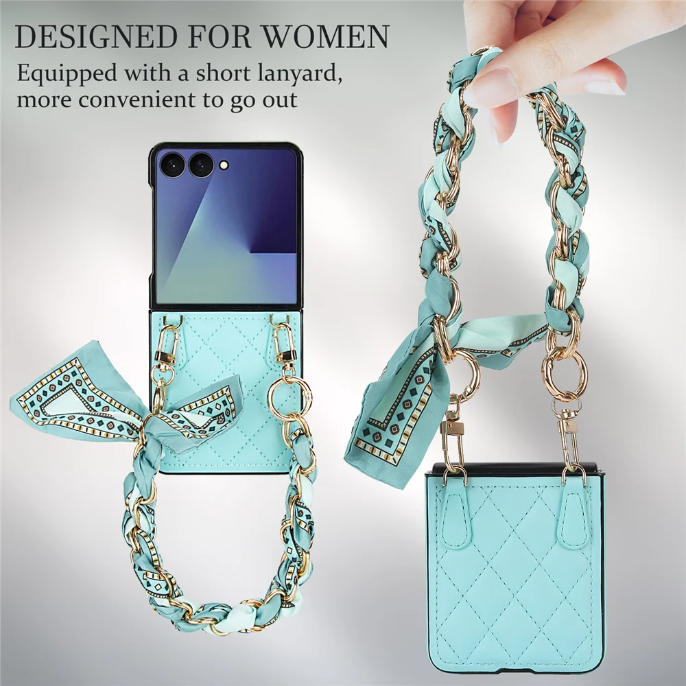 الفاخرة وشاح حريري الحبل الجلود قضية الهاتف لسامسونج غالاكسي Z فليب 7 6 5 43 شيك سلسلة شريط للرسغ شبكة غطاء مقاوم للصدمات