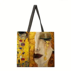 Golden Retro Oil Painting Pattern Shoulder Bag, Lightweight Versatile Carry On Shopping Handbag For Women Tote Bag