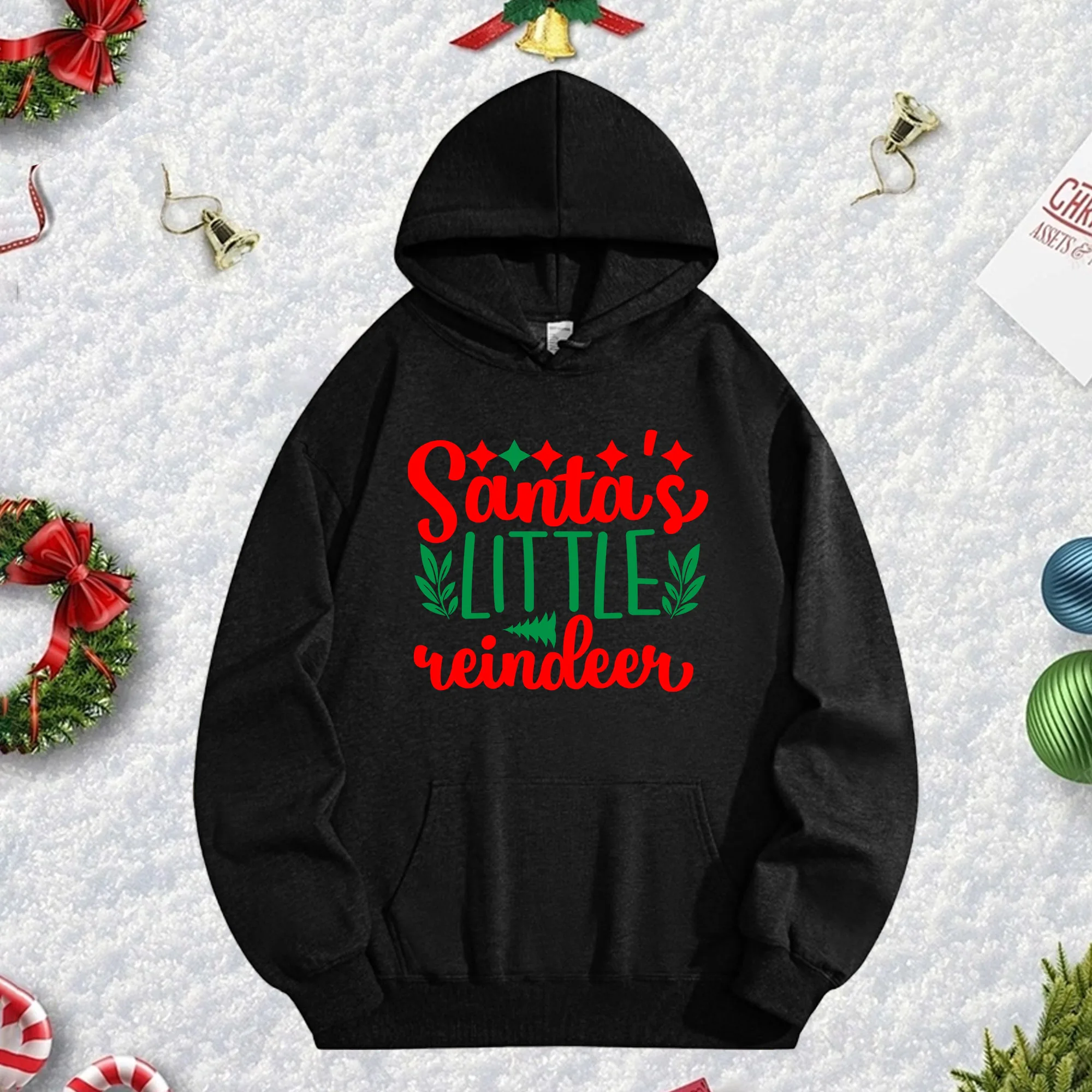 

SANTAS LITTLE 270G Черная толстовка унисекс, уютный флисовый пуловер для зимы, праздничный наряд на Рождество и Новый год
