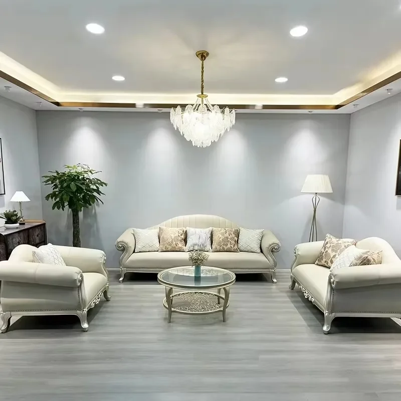 French light luxury solid wood carving flower first layer cowhide sofa modern simple living room three-person leather sofa 123 c