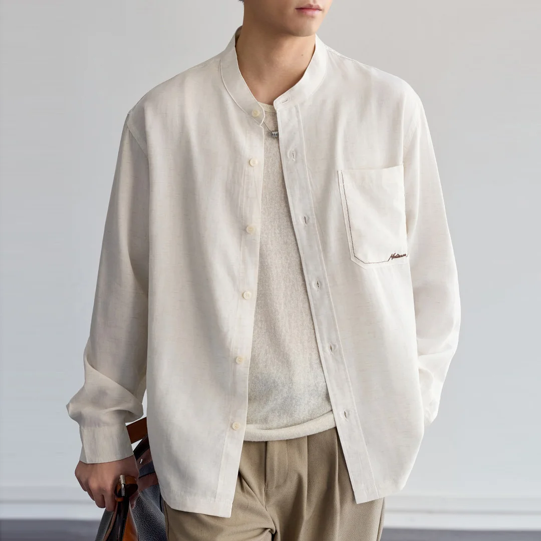 

Stand Collar Fashion Vintage Casual Shirt Men Loose Long Sleeve Embroidery Anti-wrinkle Commute Shirts Tops Male Clothes