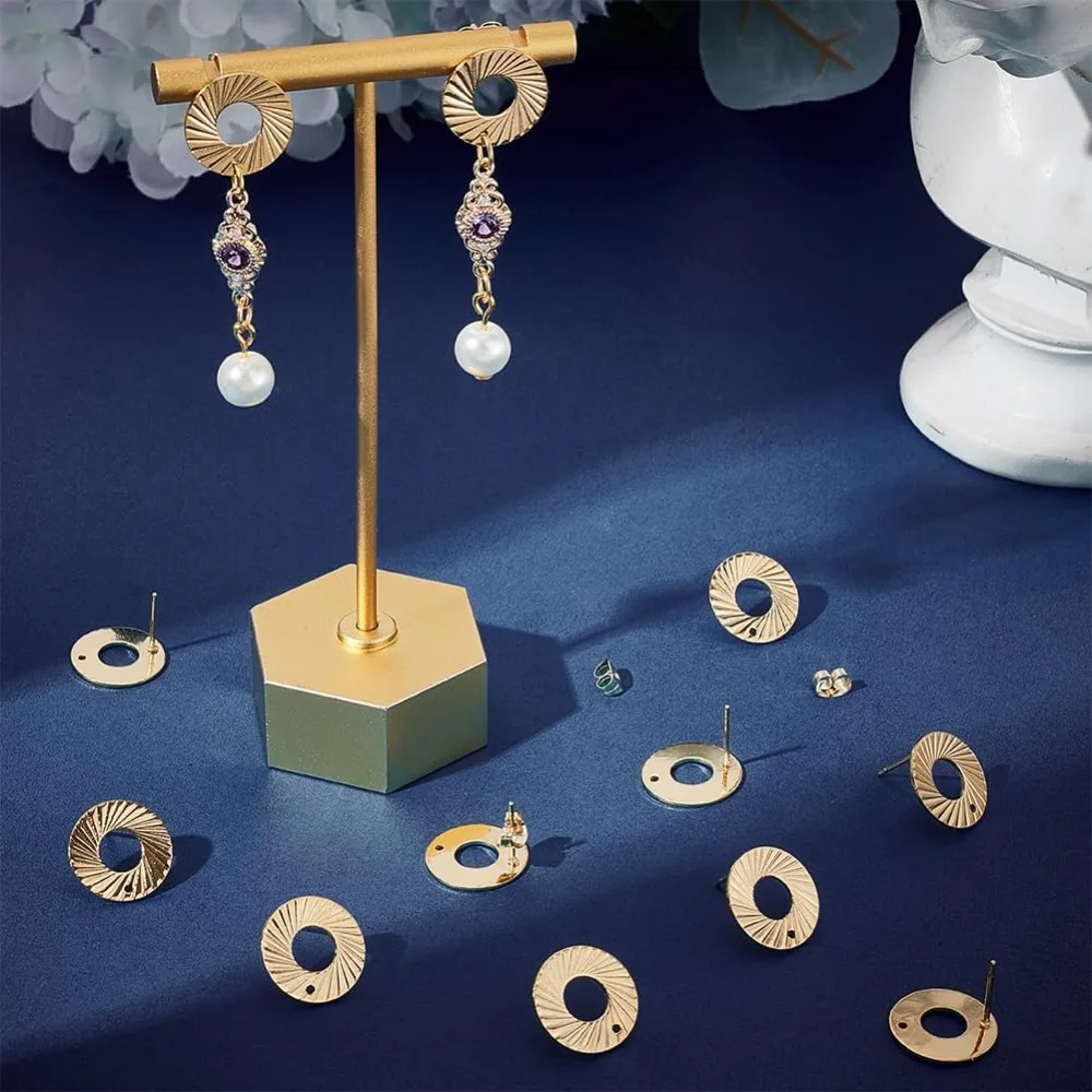 30 Pcs Stainless Steel Stud Earring Findings Donut Stud Earrings with Hole and Earring Backs Golden Hypoallergenic making kit