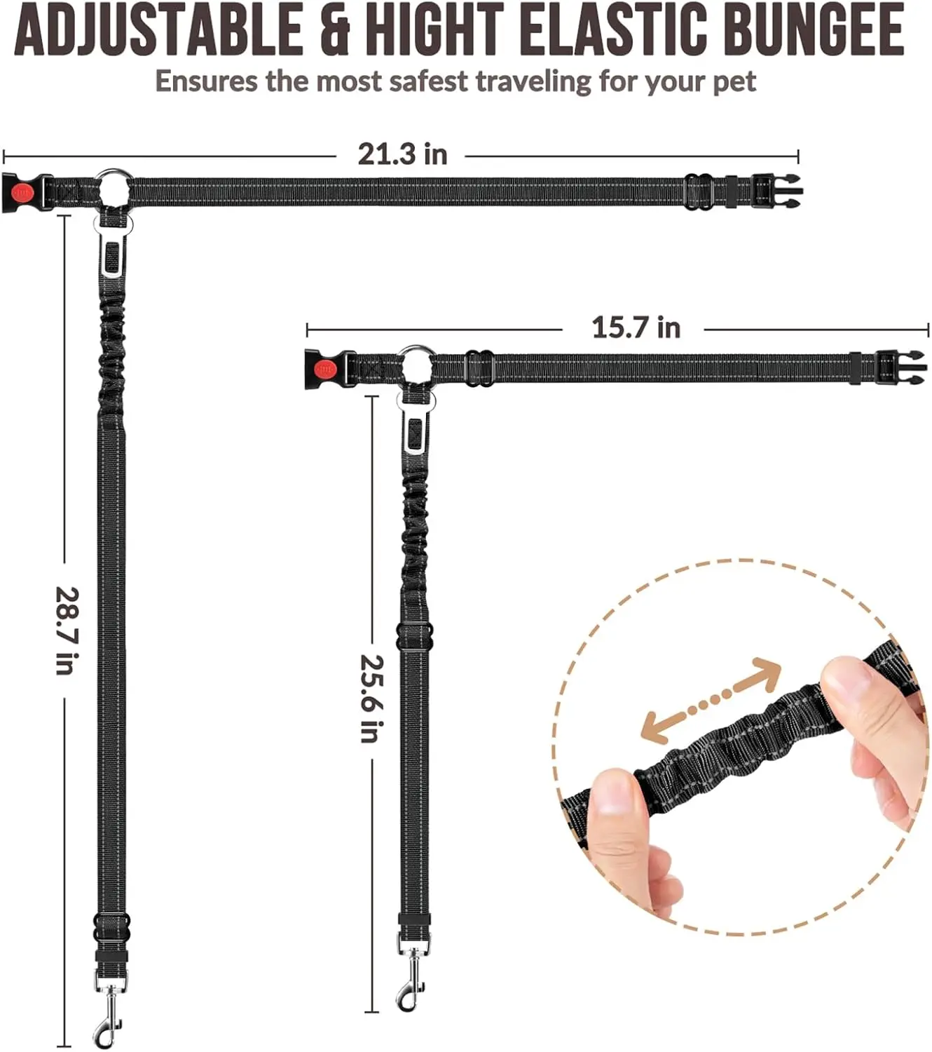 Dog Seat Belt for Car,Dog Car Harness Seatbelt Adjustable with Elastic Bungee Buffer, 2in1 Pet Leash Restraint Dog Safety Tether view 6