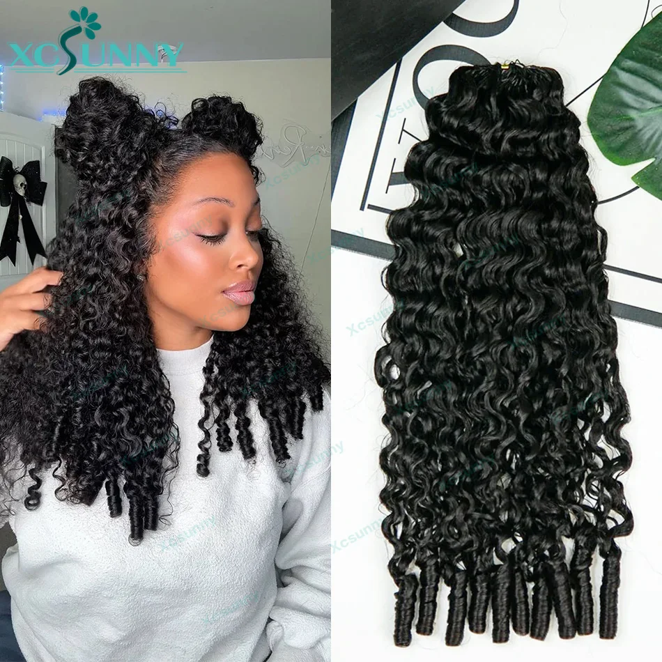 ريشة الكروشيه الضفائر شعر الإنسان موجة المياه Knotless قبل فصل ريشة الكروشيه وصلات شعر بشري بأطراف مجعدة ضيقة