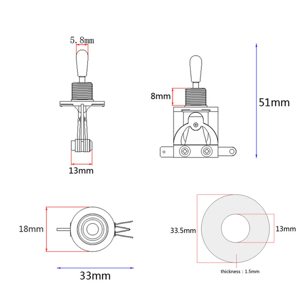 3-Way Toggle Switch for Electric Guitar Pickup Selector with Knurled Nut and Treble Washer Ring