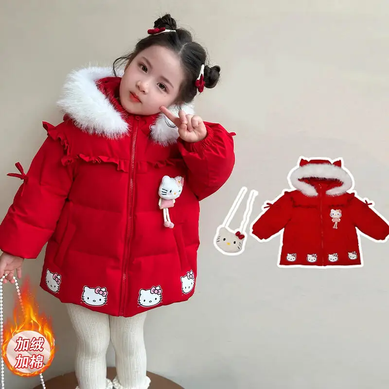 

Anime Hello Kitty Girl Plush Outerwear Winter Kids Cotton-Padded Jacket Thick Princess Coat Hooded Parka Sweet Tops Snowsuits