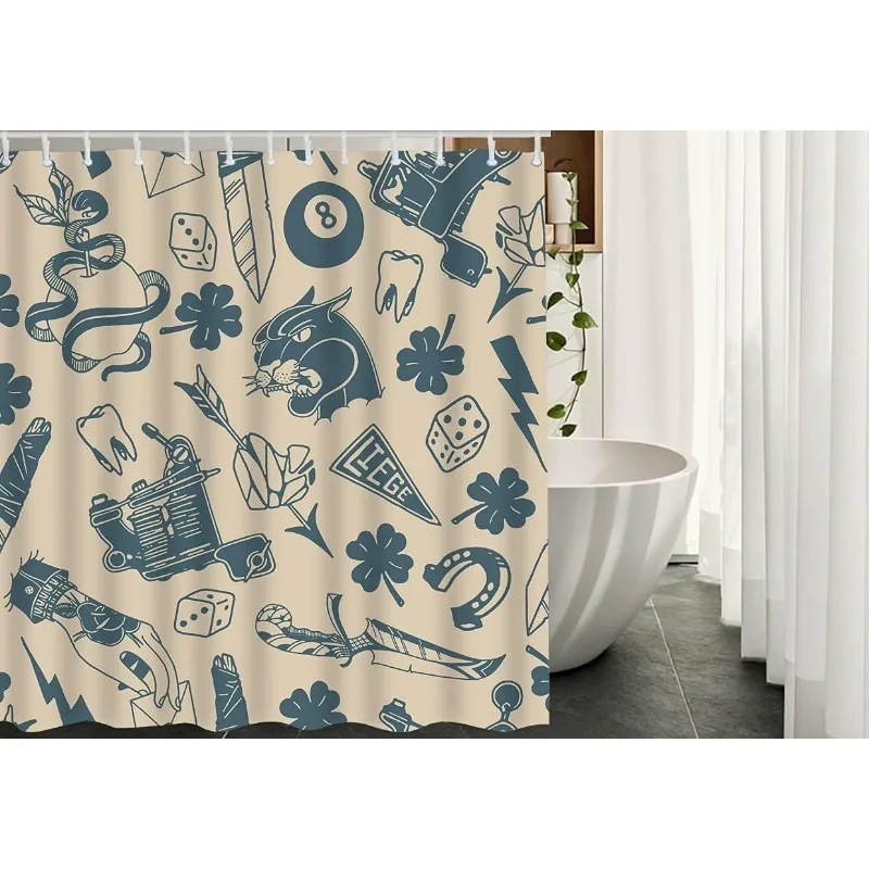 Vintage Tattoo-Inspired Shower Curtain - Waterproof, Machine Washable with 12 Hooks Included, Featuring Dice, Clover, Knife, Lig