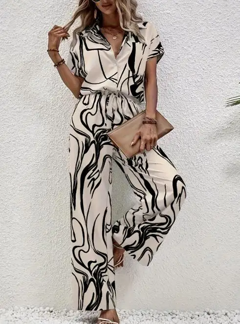 

Women's Summer New Casual Two-Piece Set Line Short Sleeve Shirt Matching High-Waisted Wide-Leg Pants Set