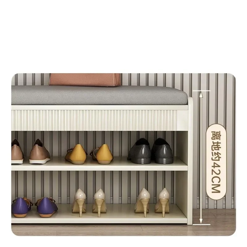 Cream Entryway Shoe Bench with Soft Cushion Integrated Storage Rack for Hallway Living Room Home Organization