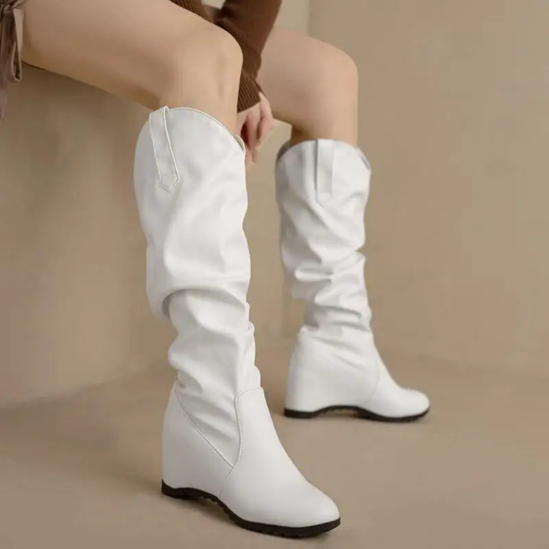 

Winter Wedge 8cm High Heel Large Size Long Boots Women Inner Height Increasing Heel Black White Knee Boots