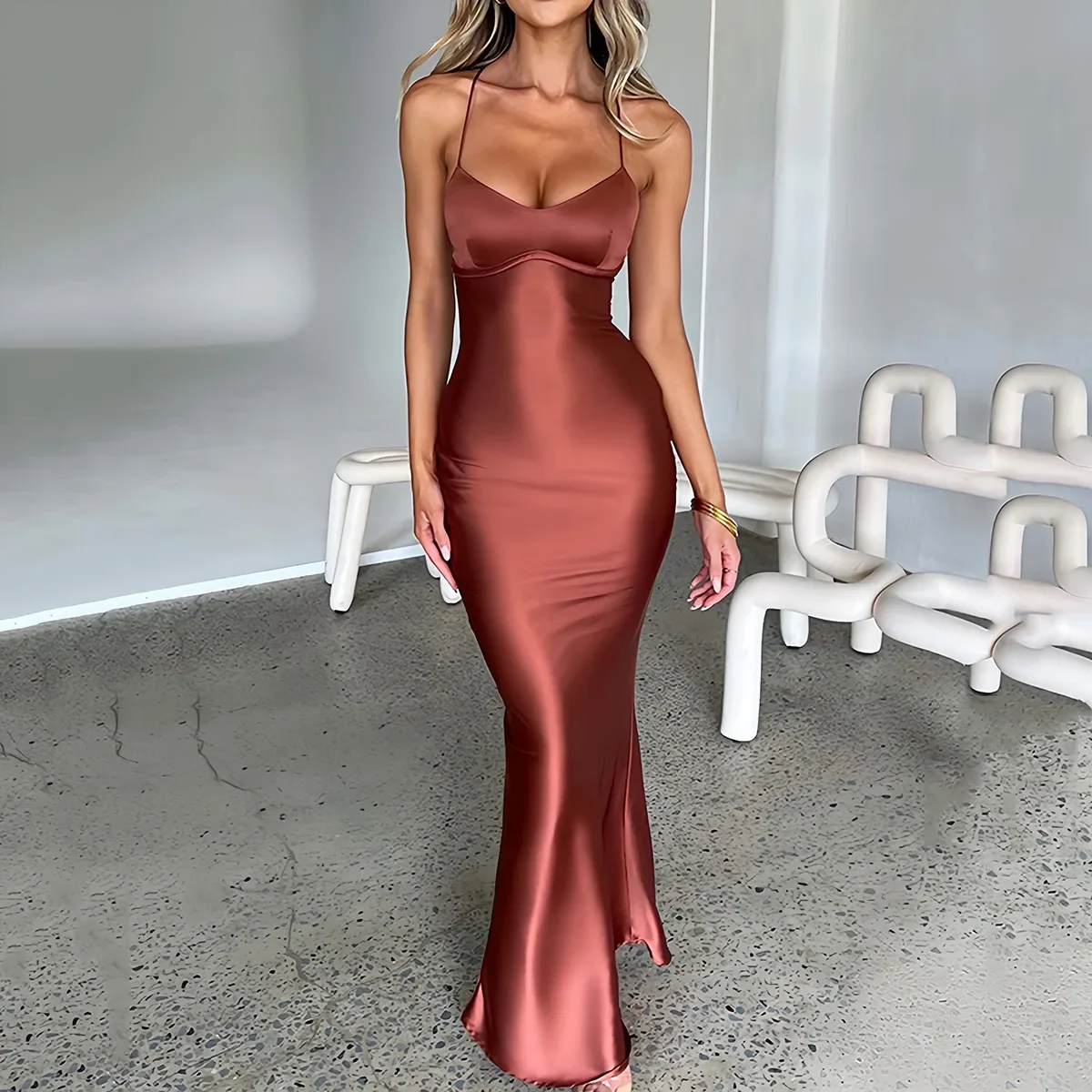 Sexy Satin Backless Lace Up Mermaid Slip Dress Women Sweetheart Neck Sexy Slim Bodycon Dresses Elegant Silk Gown Partywear Y2k
