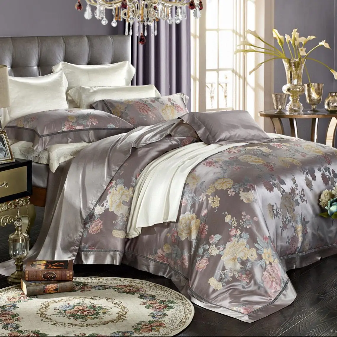 

Top Luxury Sliver Jacquard 19/20/22mm Home Textiles Grey 100% Mulberry Silk Duvet Cover Bedding Set Supplier