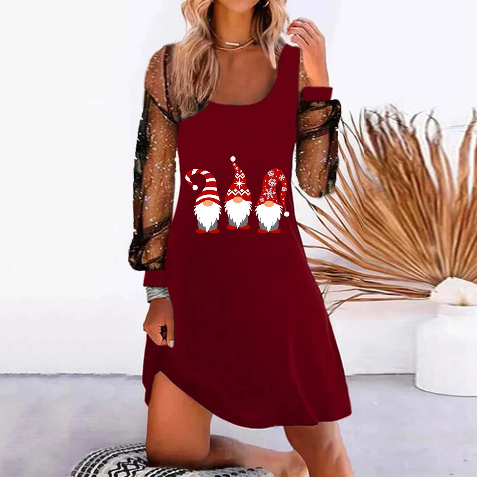 

Women's Christmas Square Neck Dress Mesh Spliced Sleeve Loose Fitting Dress Dresses A Line for Women