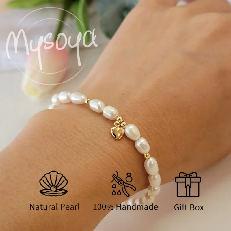 

MYSOYA 6-7mm White Rice Shape Freshwater Pearl Bracelet For Women And Men With Gift Box Perfect Wedding Birthday Jewelry Gift