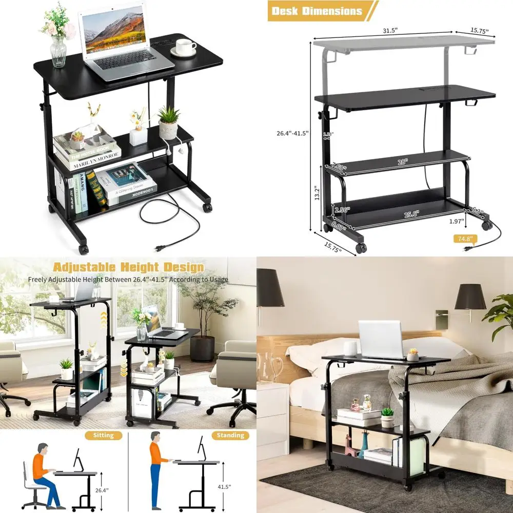 

Portable 31.5 Rolling Desk with Height Adjustment, 2 AC Outlets and 3 USB Ports for Standing and Mobile Laptop Use