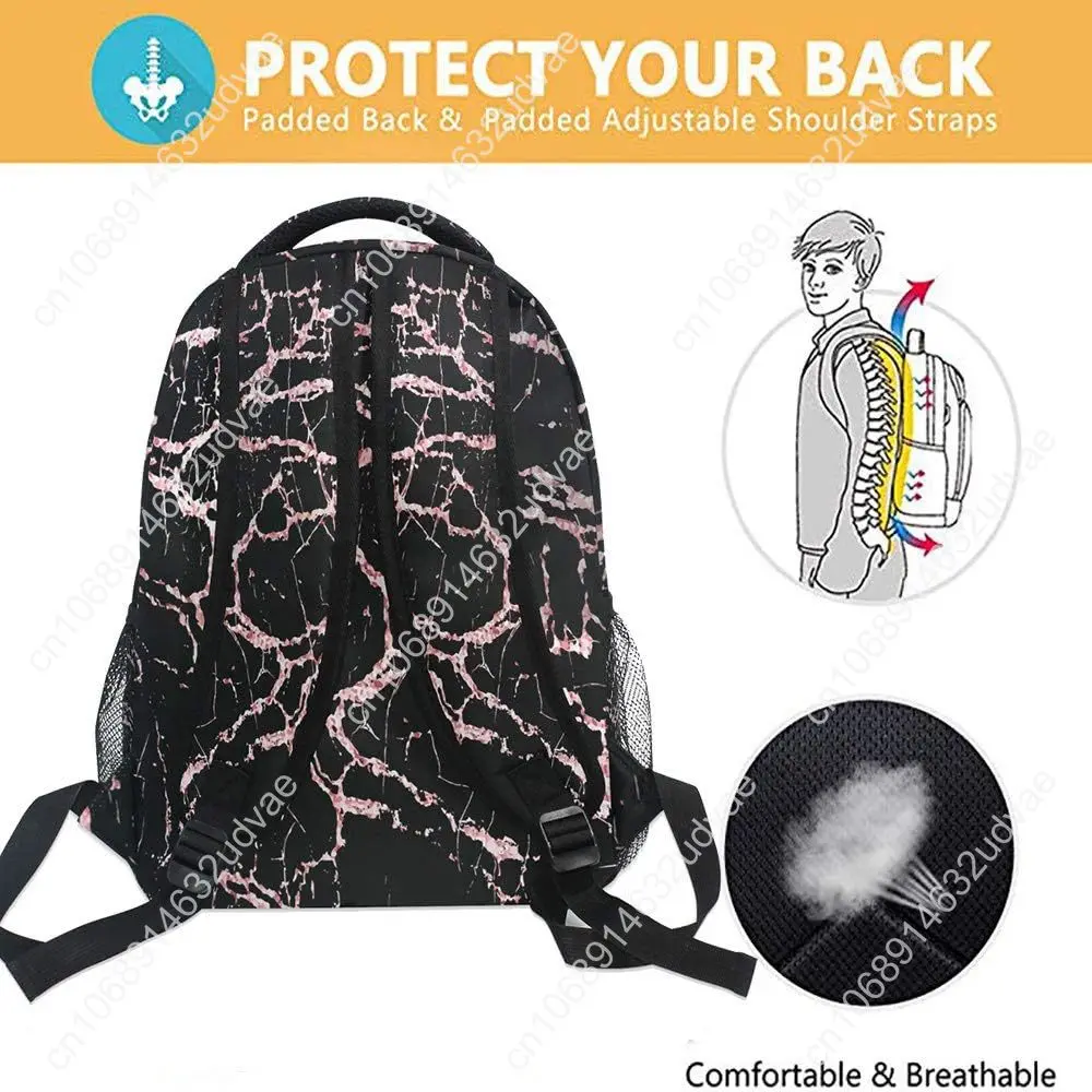 Rose Black Marble School Backpack Stone Student Laptop Bookbag For Teen Boys Girls Laptop Women Casual Travel Daypack