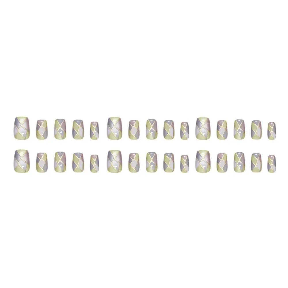 

30pcs French Short Ballerina False Nails Color-blocking Checkered Pattern Nail Tips Detachable Cat Eye Fake Nails DIY