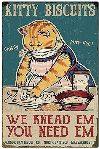 

Kitty Biscuits We Knead Em You Need Em Vintage Metal Tin Sign Fluffy Cute Cat Iron Painting Retro Signs for Home Coffee Kitchen