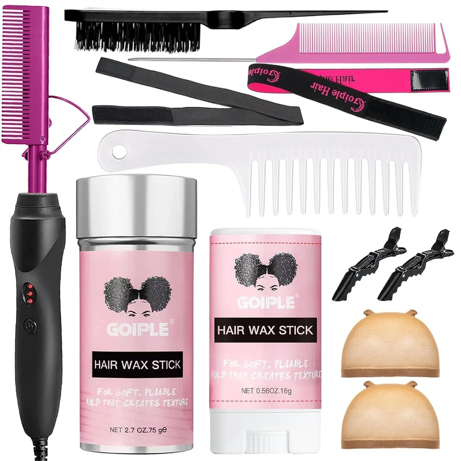 

Electric Hot Comb Pink Hair Straightener for Natural Black Hair Wigs with Wide Tooth/Rat Tail Comb, Wax Stick, Wig Cap, Edge