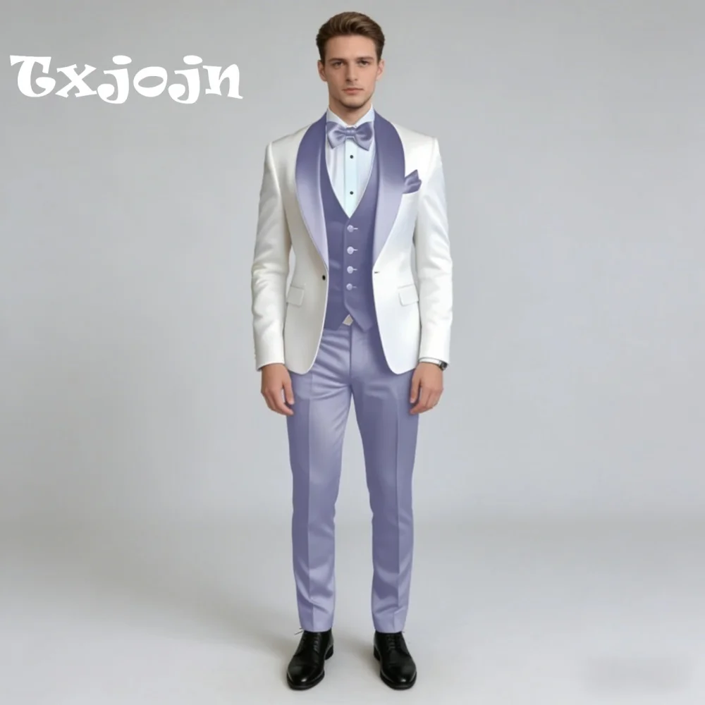 

White Lavender For Men Formal Shawl Lapel 3PCS Suit Groom Suit Set Includes Jacket Vest Pants Wedding Customized