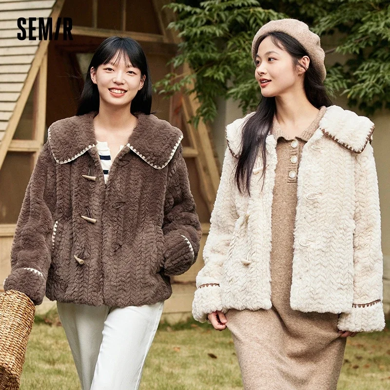 

Semir Jacket Women Imitation Rabbit Fur Large Lapel 2023 Winter New Literary Sweet Horn Button Texture Jacket