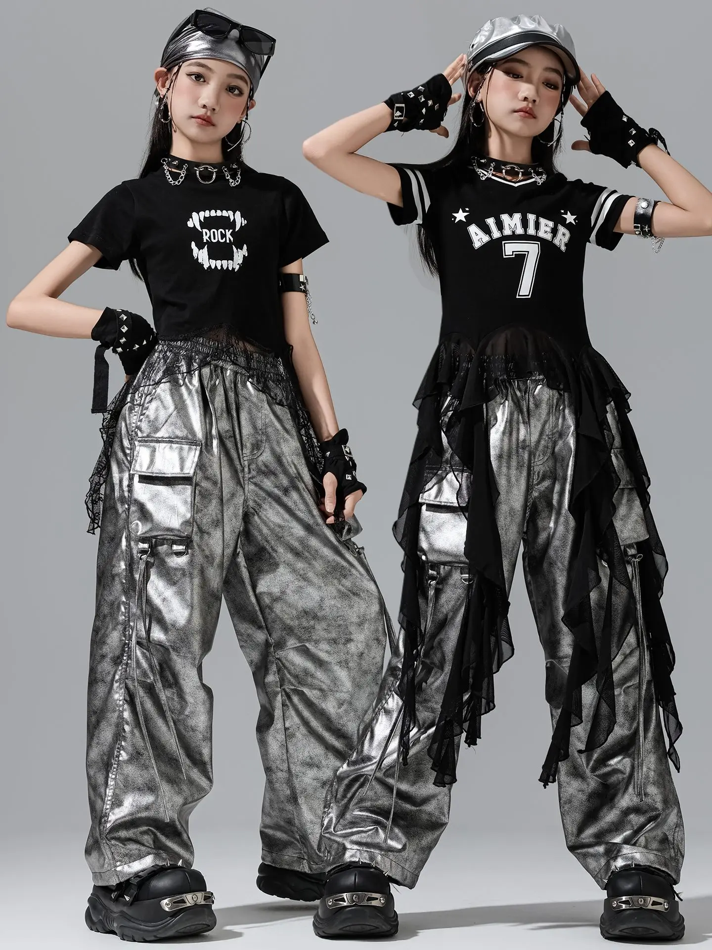 Vêtements de danse Jazz pour filles, hauts nombril d'été, pantalons hip hop argentés, Costume de spectacle de Concert de Style Kpop, vêtements de scène pour enfants BL16656