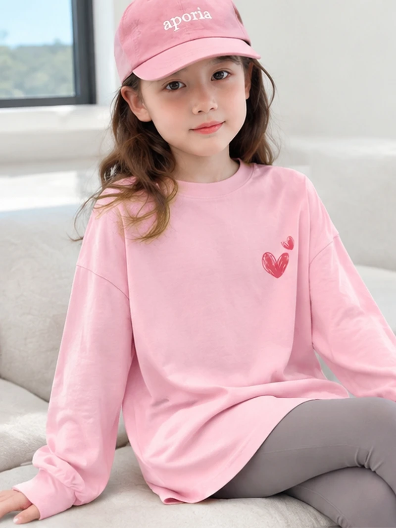 Girls 100% Cotton Long Sleeve Tee Ribbed Cuffs Cute Small Heart Print Casual Spring Autumn Basic T Shirts Size 100-170