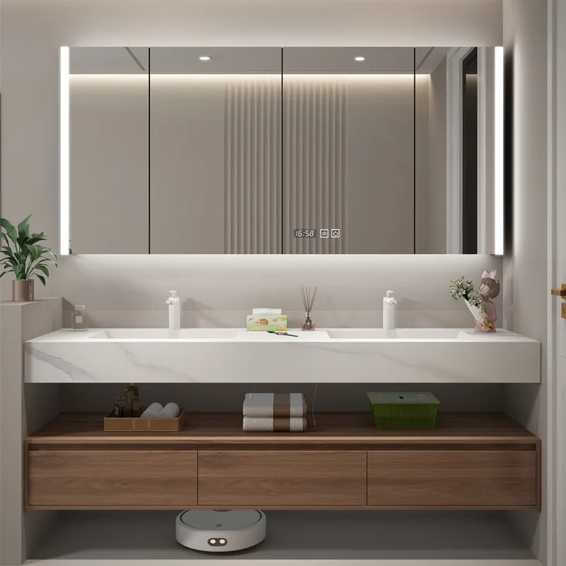 

Modern light luxury rock slab seamless integrated double basin bathroom cabinet combination washstand