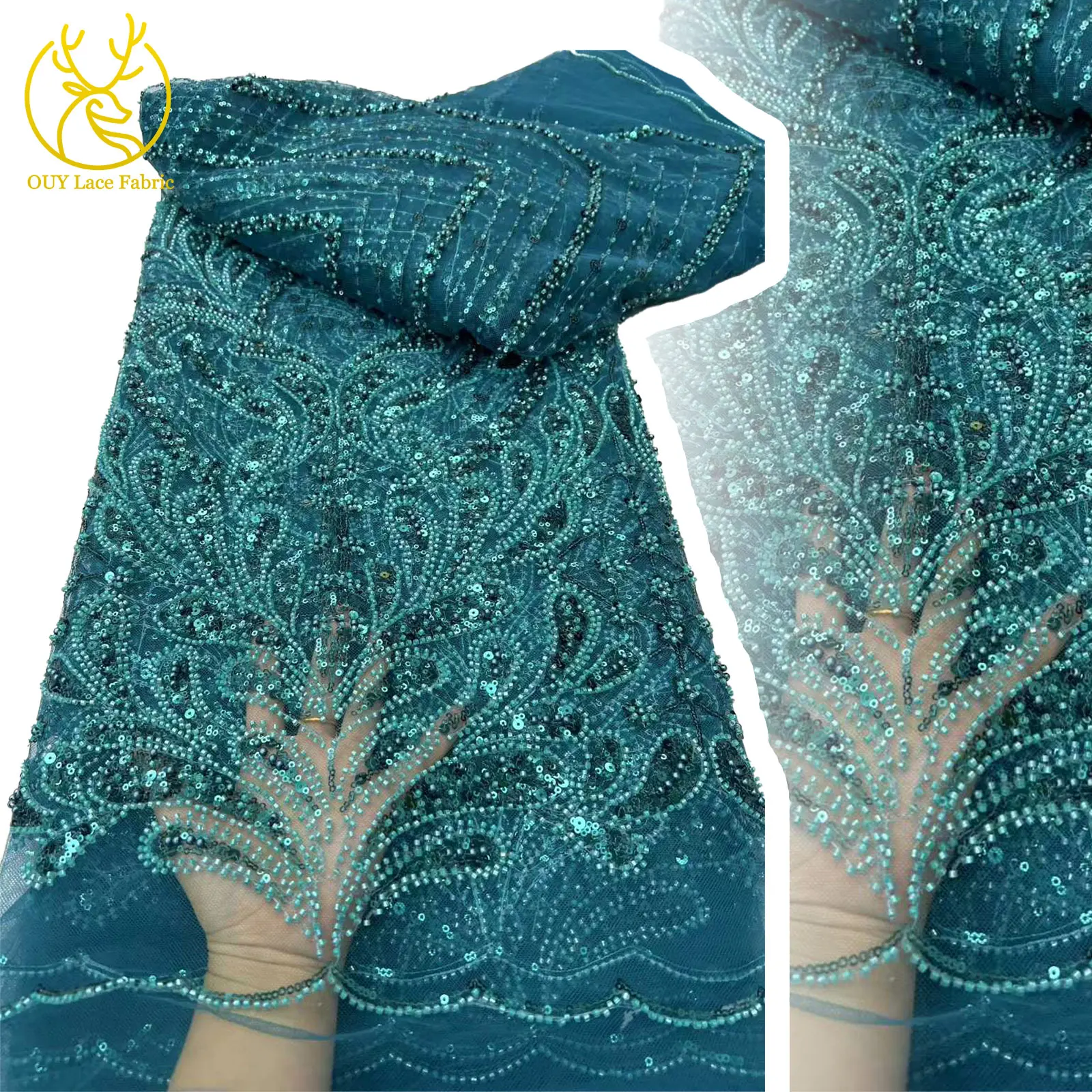 

Newest Nigerian Sequin Tulle Lace Fabric 2025 High Quality French Groom Embroidery African Beaded Mesh For Prom Dresses 5 Yards