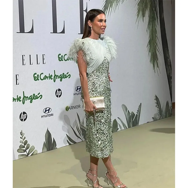 Elegant O-Neck Evening Dress Sparkling Sequins Prom Dress Feathers Capped Sleeves Tea-Length Cocktail Special Banquet Dress