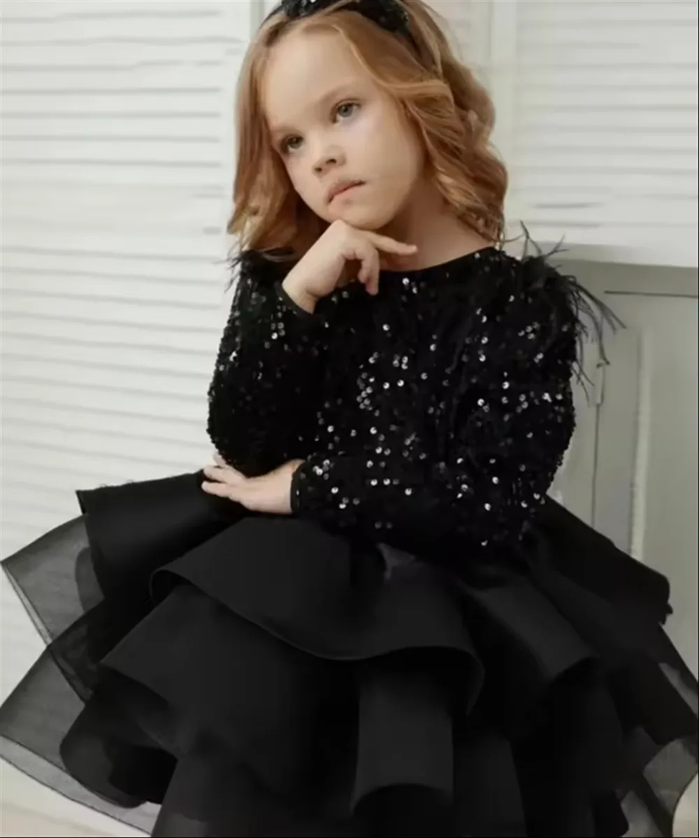 Abito da sposa per ragazza di fiore di lusso con volant nero con paillettes soffici strati per bambini, abito da festa di compleanno, abito da prima comunione personalizzato