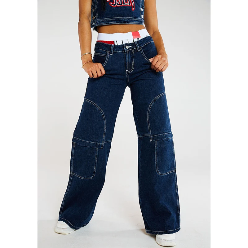 

Woman High Waist Fashion Harajuku Wide Leg Jeans Female Y2k Vintage Cargo Pants Girls Goth Streetwear Blue Punk Denim Trousers