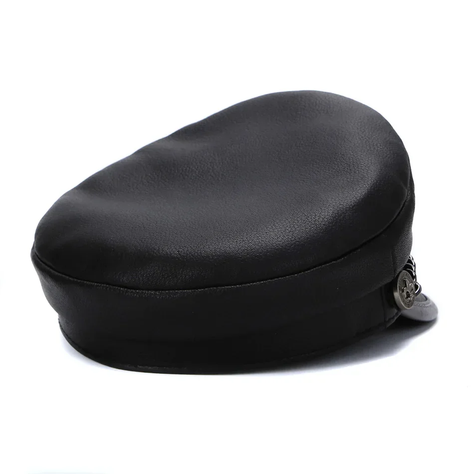 2025 frühling männer Echte Leder Armee Hut Männlich Flache Top Abzeichen Lokomotive Retro Military Caps Studenten Punk Kortikale Kette Gorra – Detail 9