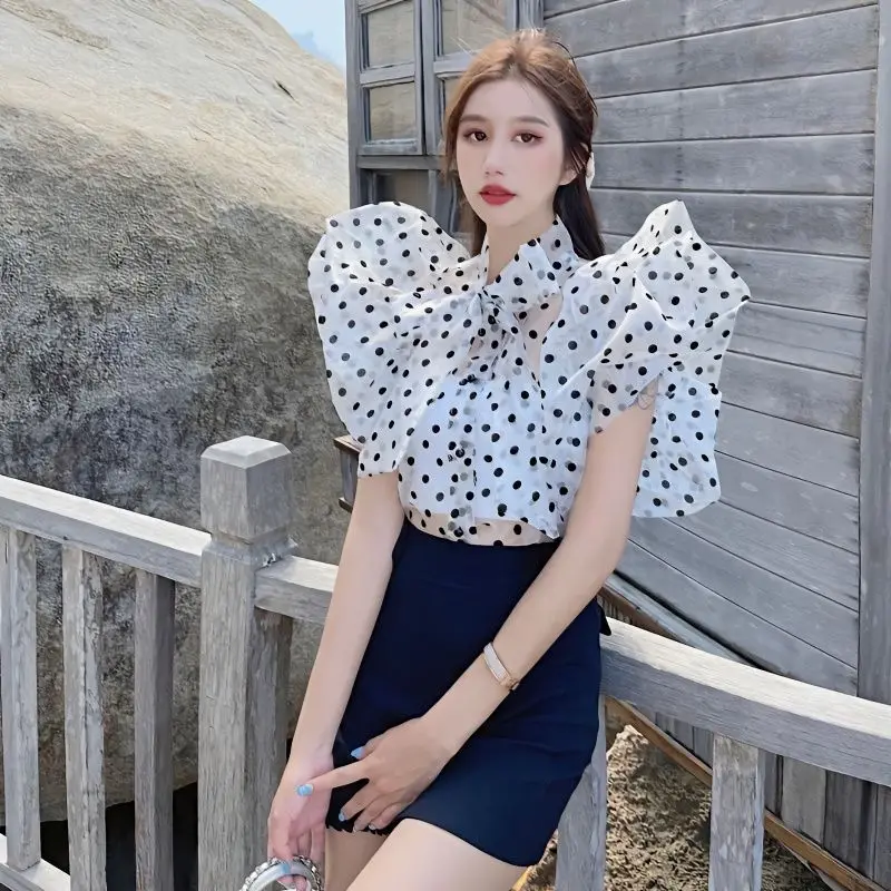 Ruffle Puff Sleeve Polka Dot Shirt Women Vintage Blusa Bow Lace Up Lantern Transparent  New Blouse Top 2024 Blouses Elegant Tops