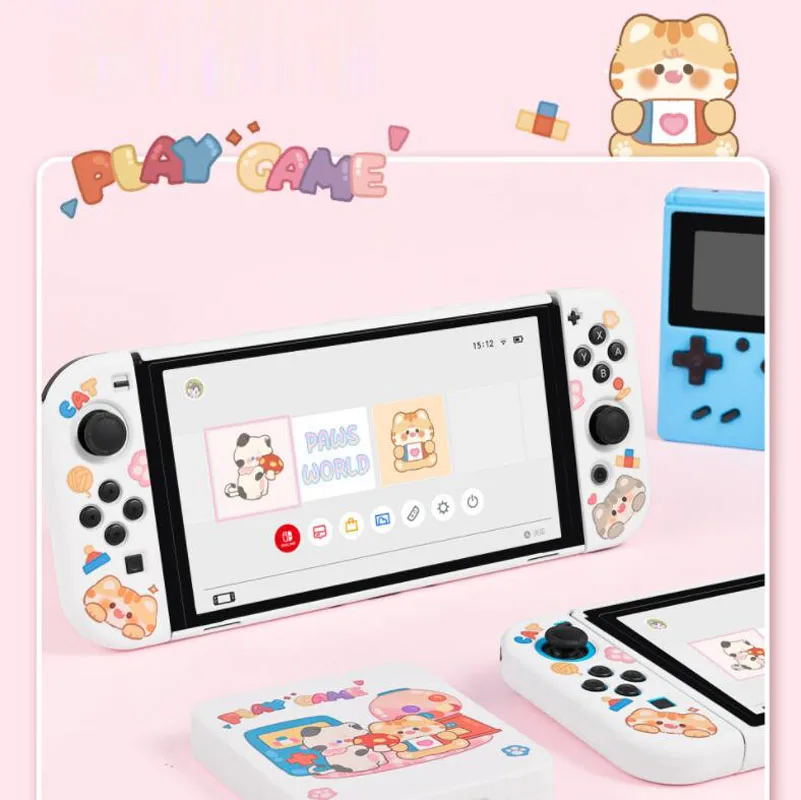 Жесткий Чехол для ТВ-приставки с симпатичной игровой кошкой, подставка для зарядного устройства, Хрустальный чехол для контроллера Nintendo Switch Oled NS Joy-Con, защита для телефона из ТПУ