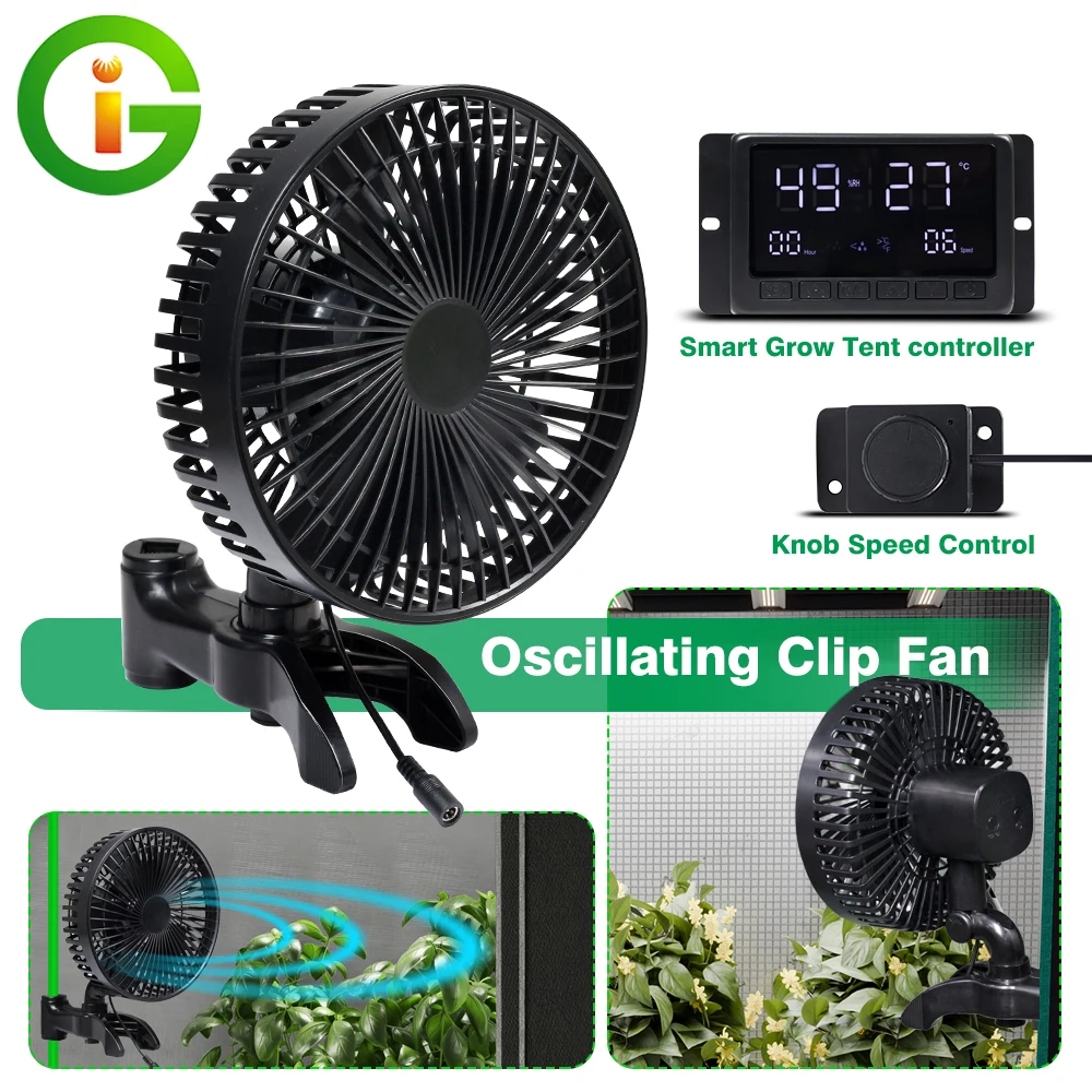 

Grow Tent Fan EC Motor Knob Smart Control Auto Oscillating Clip fan Strong Airflow but Quiet for Hydroponic Ventilation