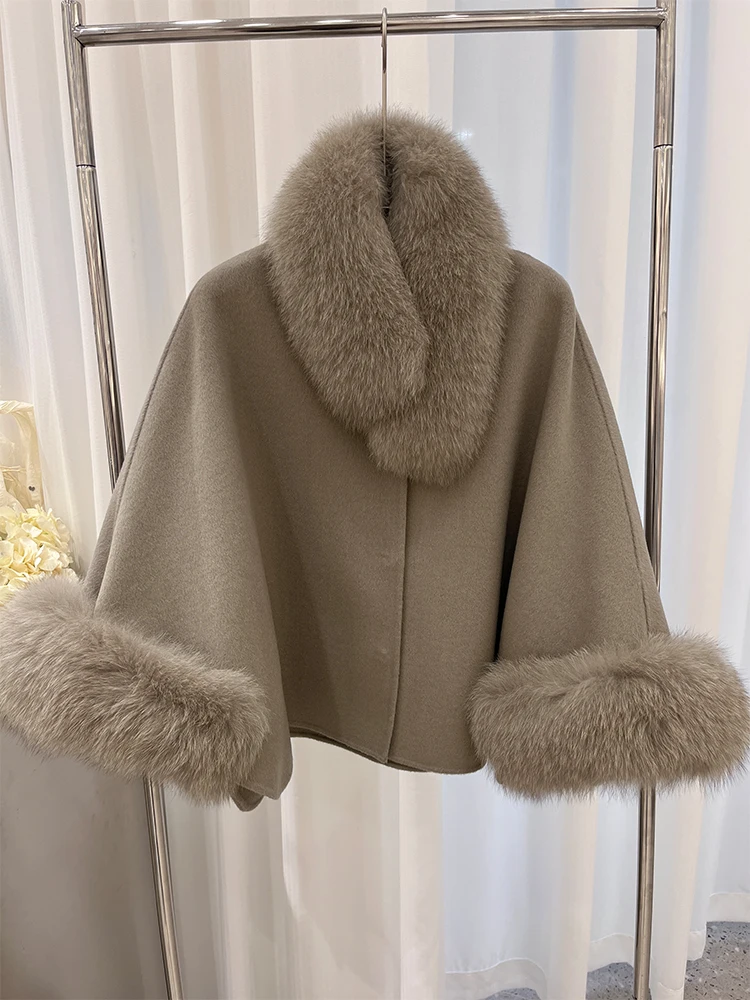 Moda inverno signora vera pelliccia di volpe naturale collo giacca mantello di lana cashmere cappotto caldo colletto staccabile cappotto femminile spesso di lusso