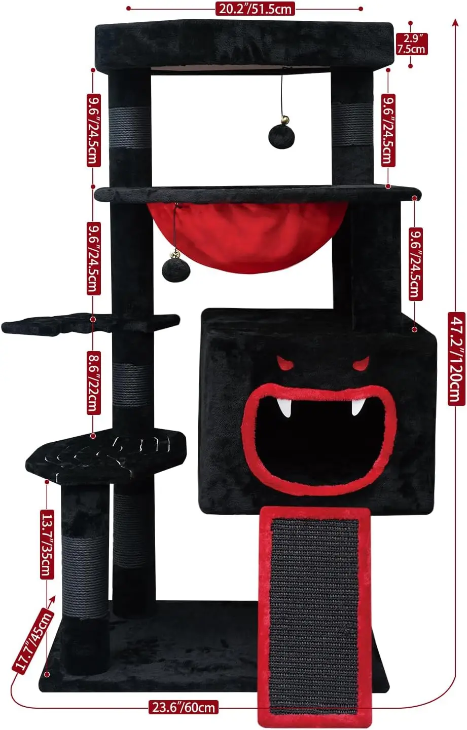 Gothic Cat Tree, 47in Black Cat Tower with Coffin Bed, Spooky Spacious Cat Condo, Coffin Bed with Thickened Soft Cushion, Sisal