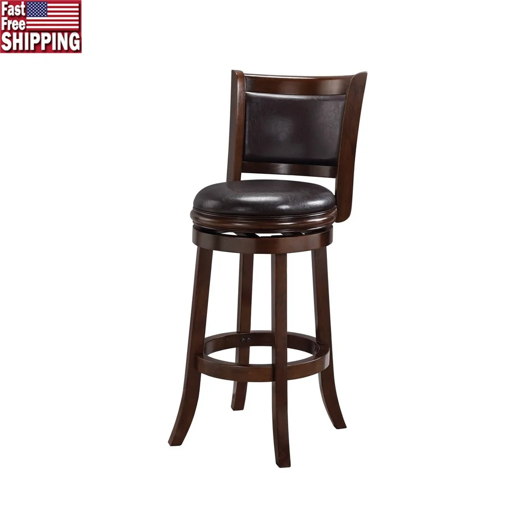 

High Back Swivel Wood Bar Stool Kitchen Dining Room Comfortable Faux Leather Seat Durable 360 Degree Swivel Function