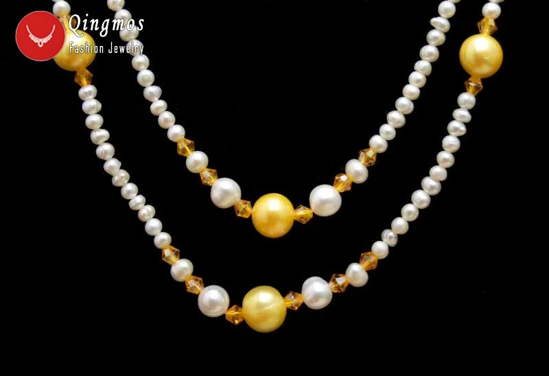 Qingmos 4-5mm Round Natural White Pearl Necklace with 10mm Yellow Round Pearl Pendant Necklace Yellow Crystal 45'' Long Necklace
