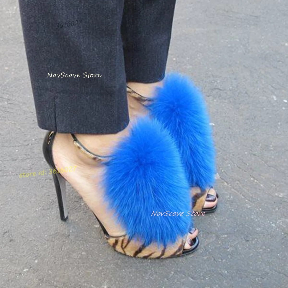 

Leopard Fur Sandals Peep Toe High Heels Party Pumps Ankle Straps Buckle Shallow Dress Stiletto Sandals Rubber Sole Single Shoes