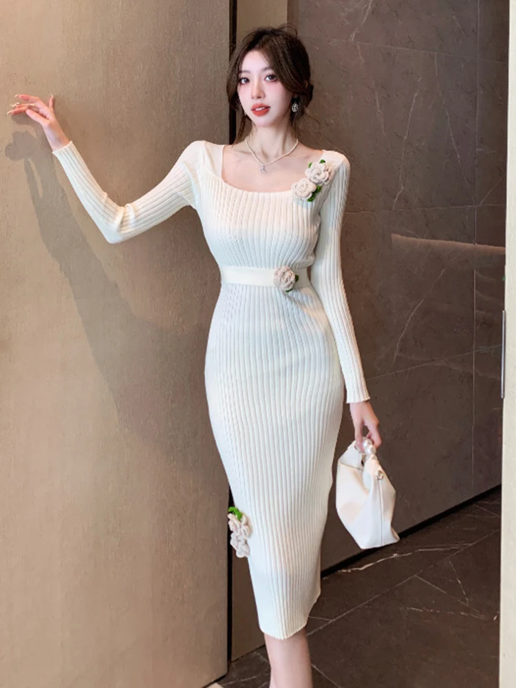 Women Clothes Knitted Sweet Solid Floral Square Neck Skinny Pencil Dress Ladies Sweater Casual Stretchy Robe Mujer Vestidos New