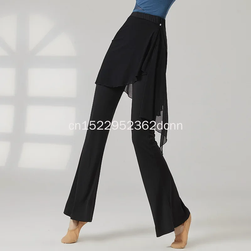 Modern Dance Pant Women Long Microflared Latin Trousers Mesh Wrap Skirt Classical Practice Costume Stage Line Dancewear Female