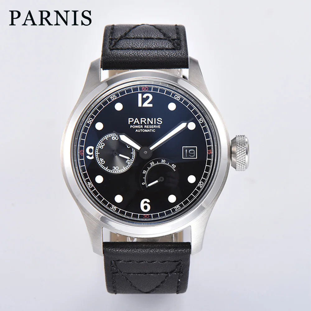 Parnis 46.5mm Black Dial Automatic Men Watch Silver Case Power Reserve Calendar Mechanical Men's Watches