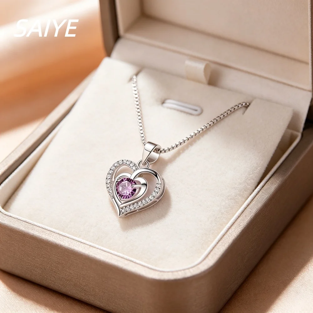 

925 Sterling Silver Double Heart Pendant Necklace with Purple Cubic Zirconia Women's Love Charm Jewelry Gift