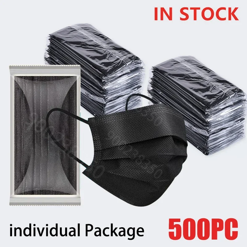 

10-500 PCS Masks Disposable black mask Adults individual package mask 3 Layer Ply Filter masque Anti-dust Protective masque noir