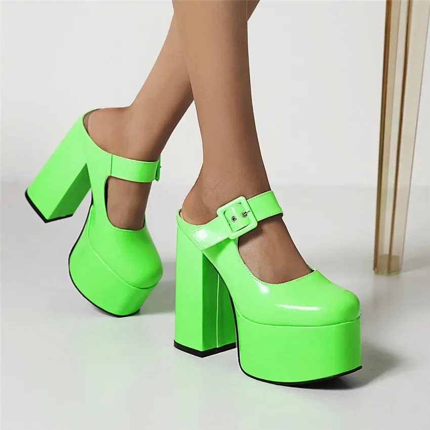 Summer Women Platform Sandals Black Yellow Patent Leather High Block Heels Mule Sexy Party Lady Buckle Strap Square Toe Slippers