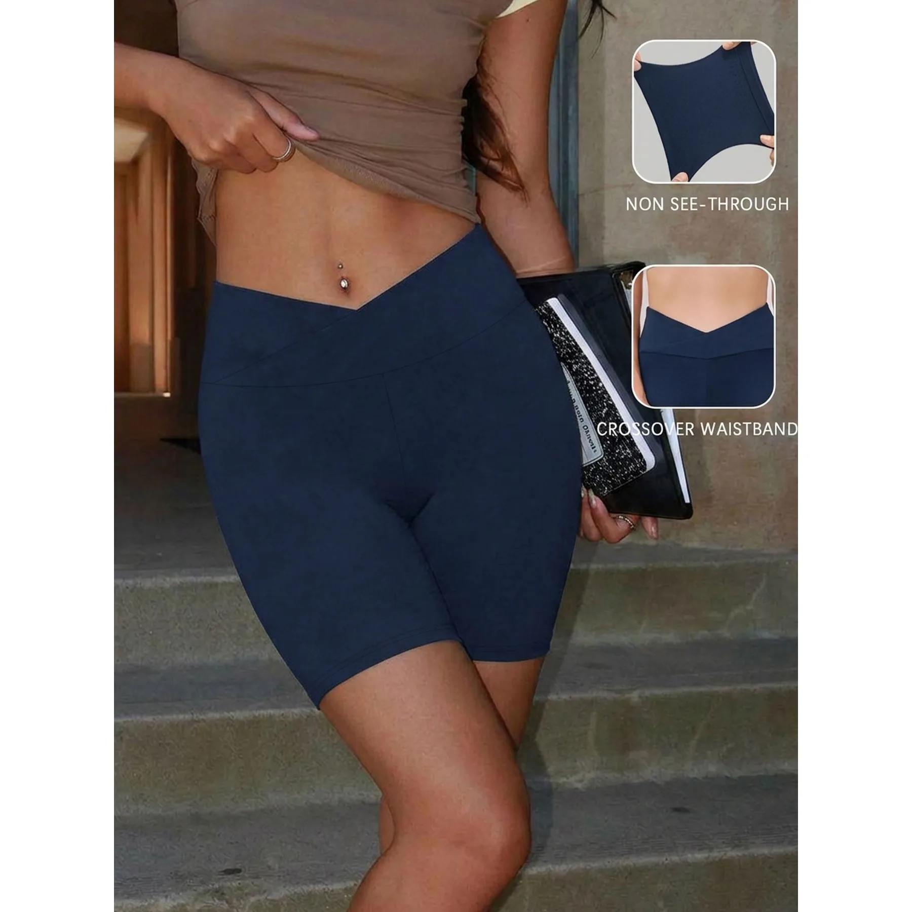Damen Superweiche Crossover High-Waist Biker-Shorts mit Bauchkontrolle, Blickdicht, für Workout, Yoga und Laufen – Detail 2