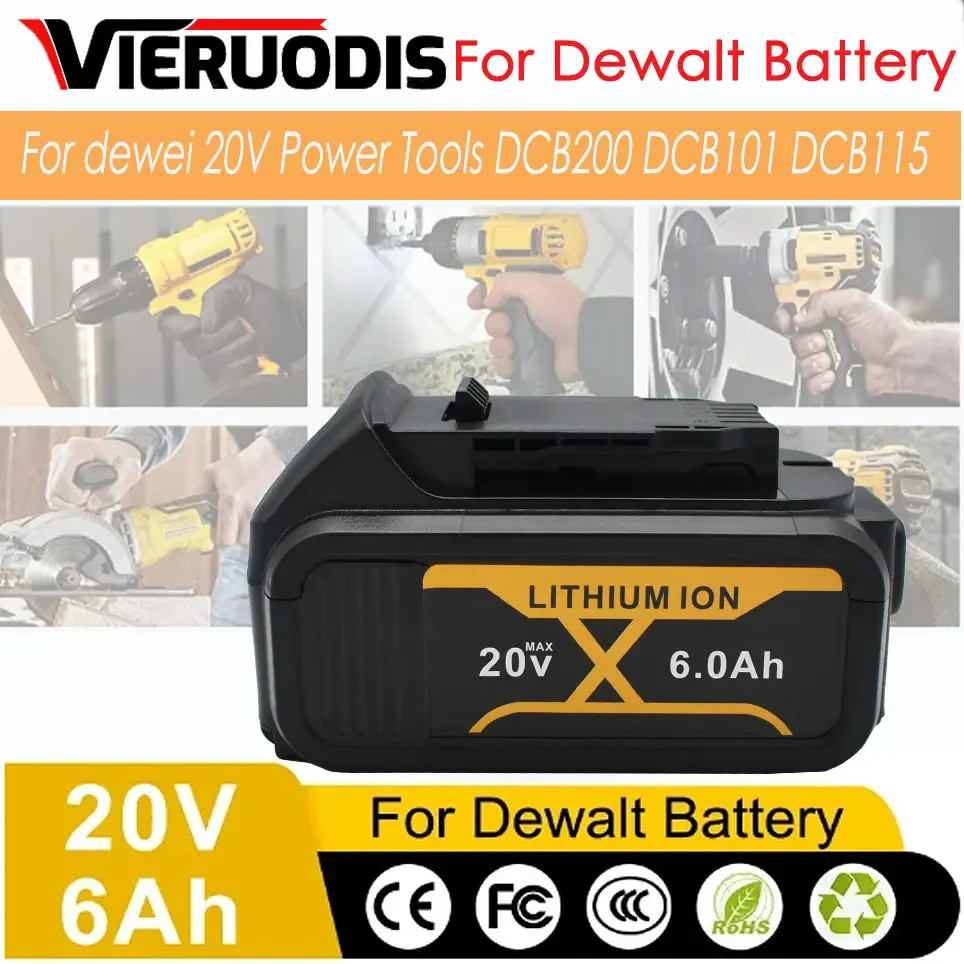 

100% Original For DeWalt 20V 6000mAh Rechargeable Power Tools Battery with LED Li-ion Replacement DCB205 DCB204-2 DCB206