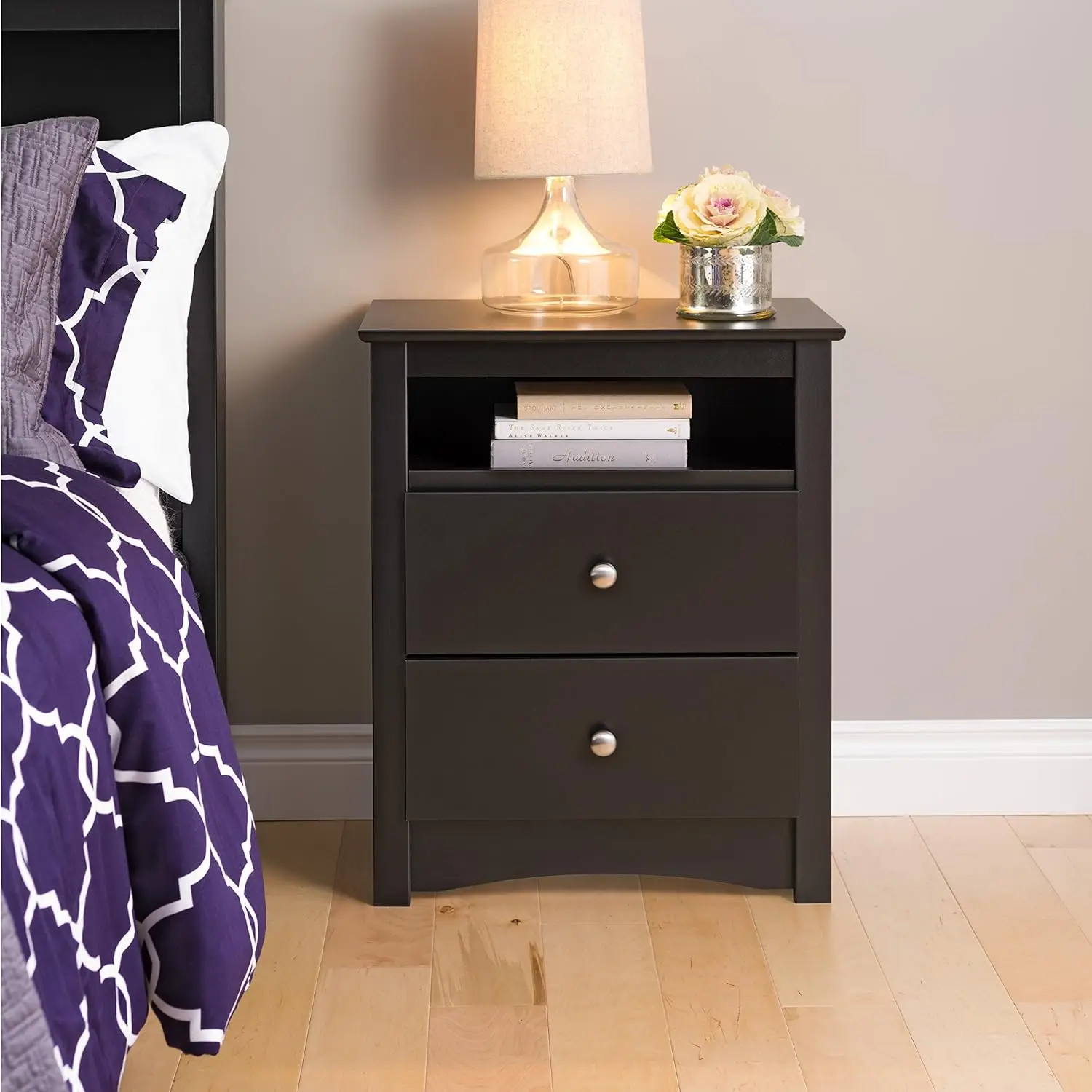 Fremont 2 Drawer Nightstand: Elegant Bedroom Furniture Bedside Table with Open Shelf 23.25